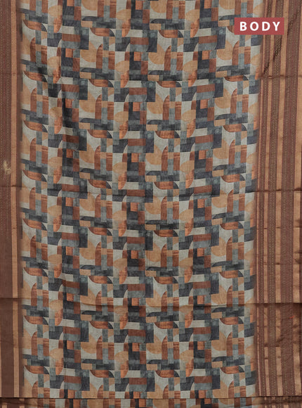 Semi tussar saree multi colour and brown with allover geometrc prints and kantha stitch work border