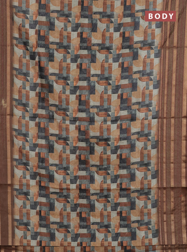 Semi tussar saree multi colour and brown with allover geometrc prints and kantha stitch work border