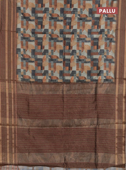Semi tussar saree multi colour and brown with allover geometrc prints and kantha stitch work border