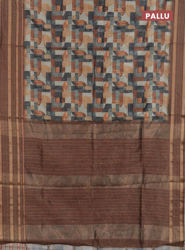 Semi tussar saree multi colour and brown with allover geometrc prints and kantha stitch work border