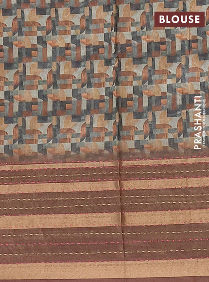 Semi tussar saree multi colour and brown with allover geometrc prints and kantha stitch work border