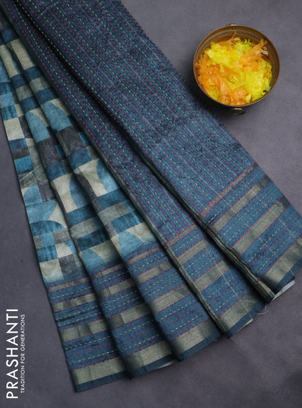 Semi tussar saree multi colour and peacock blue with allover geometrc prints and kantha stitch work border