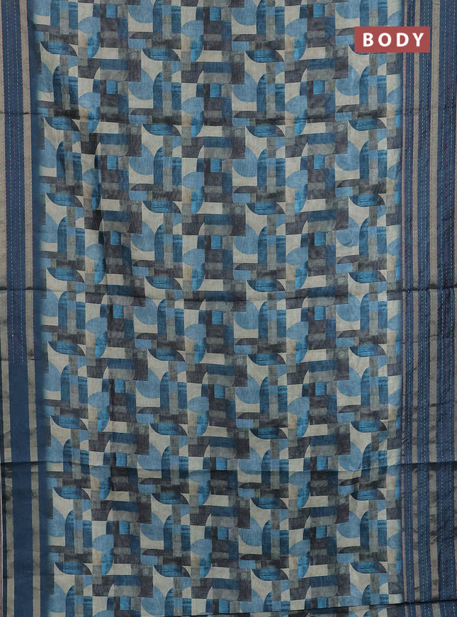 Semi tussar saree multi colour and peacock blue with allover geometrc prints and kantha stitch work border