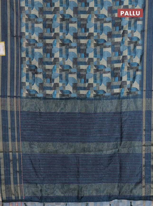 Semi tussar saree multi colour and peacock blue with allover geometrc prints and kantha stitch work border