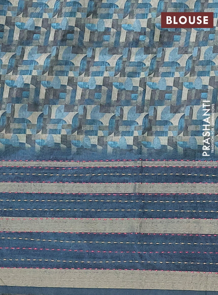 Semi tussar saree multi colour and peacock blue with allover geometrc prints and kantha stitch work border