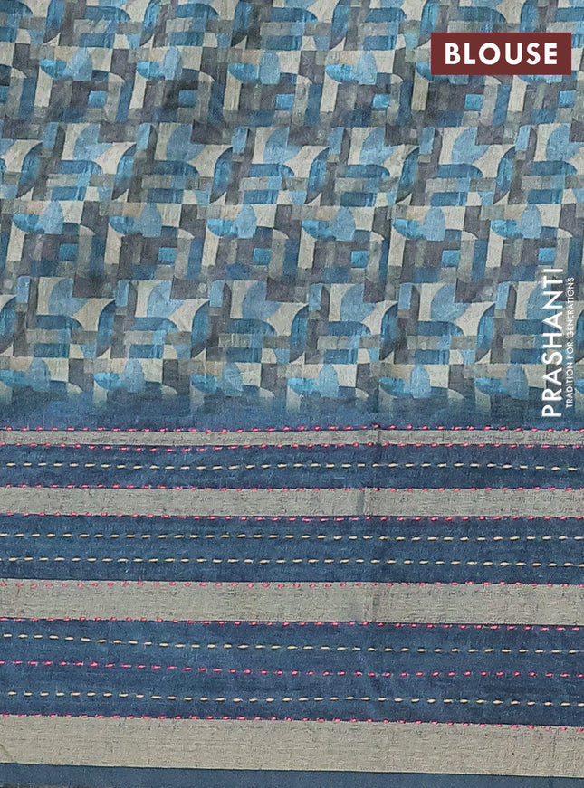 Semi tussar saree multi colour and peacock blue with allover geometrc prints and kantha stitch work border