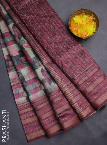 Semi tussar saree multi colour and maroon with allover geometrc prints and kantha stitch work border