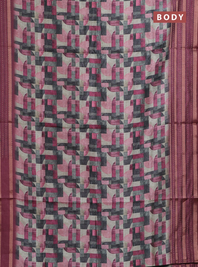 Semi tussar saree multi colour and maroon with allover geometrc prints and kantha stitch work border