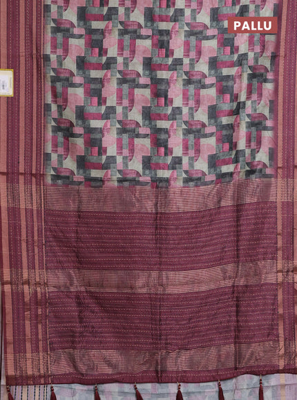 Semi tussar saree multi colour and maroon with allover geometrc prints and kantha stitch work border