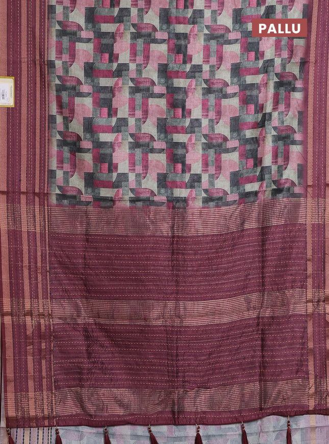 Semi tussar saree multi colour and maroon with allover geometrc prints and kantha stitch work border