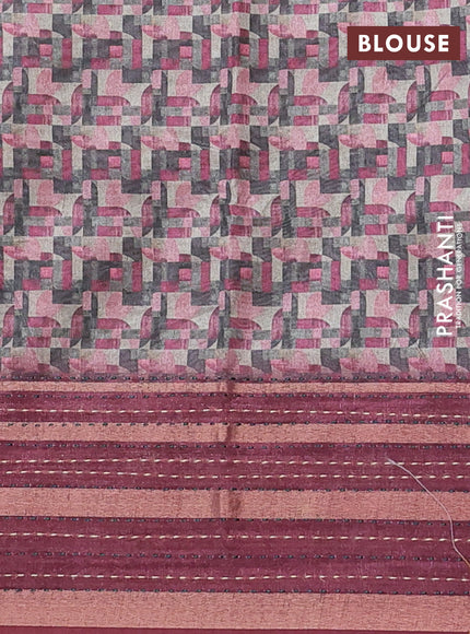 Semi tussar saree multi colour and maroon with allover geometrc prints and kantha stitch work border