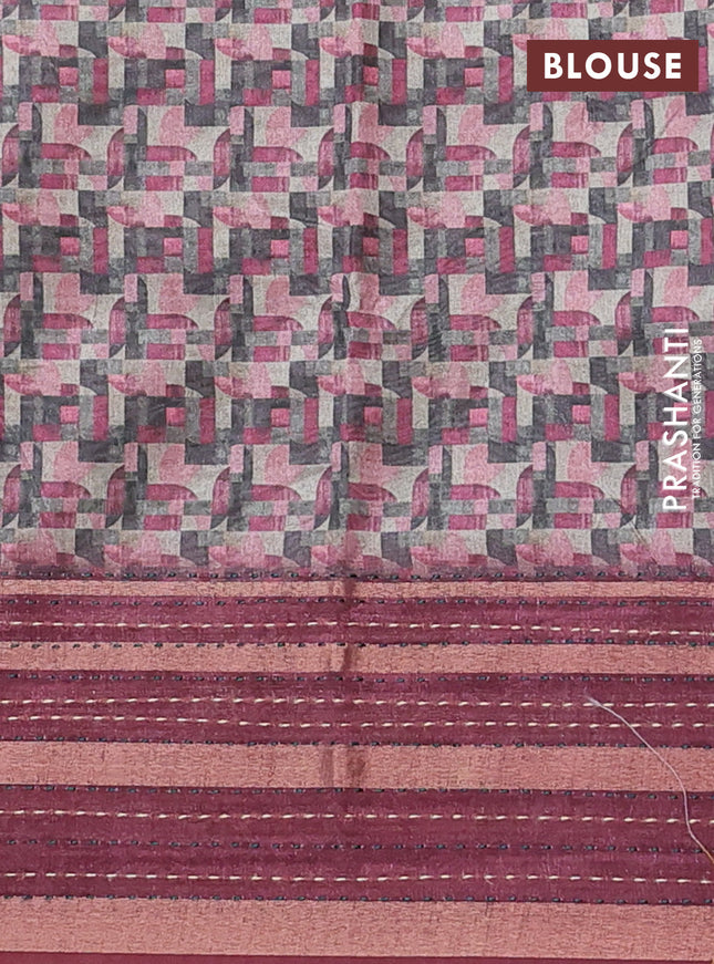 Semi tussar saree multi colour and maroon with allover geometrc prints and kantha stitch work border