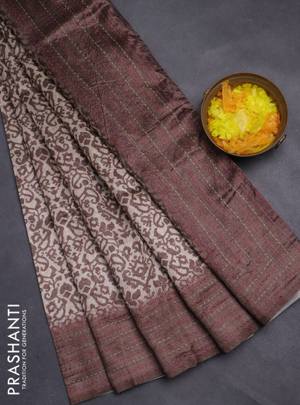 Semi tussar saree beige and brown with allover prints and kantha stitch work border