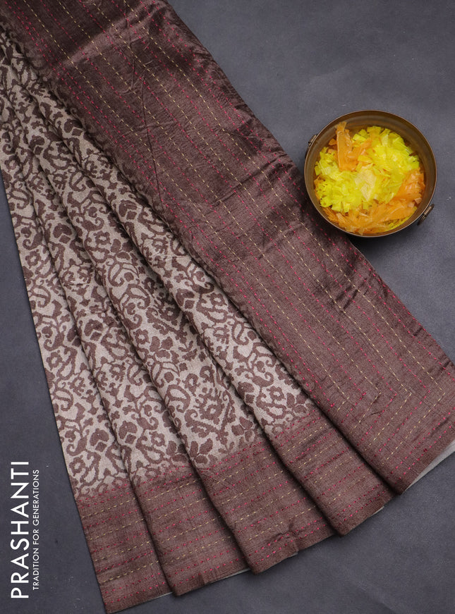 Semi tussar saree beige and brown with allover prints and kantha stitch work border