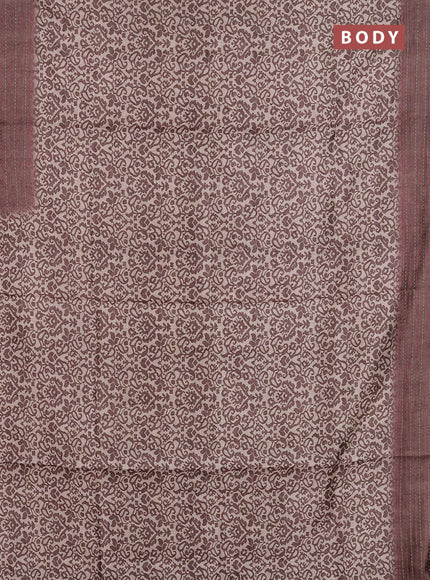 Semi tussar saree beige and brown with allover prints and kantha stitch work border