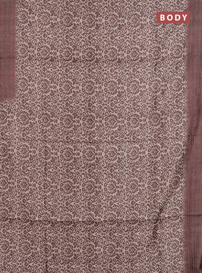 Semi tussar saree beige and brown with allover prints and kantha stitch work border