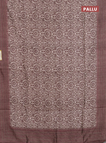 Semi tussar saree beige and brown with allover prints and kantha stitch work border
