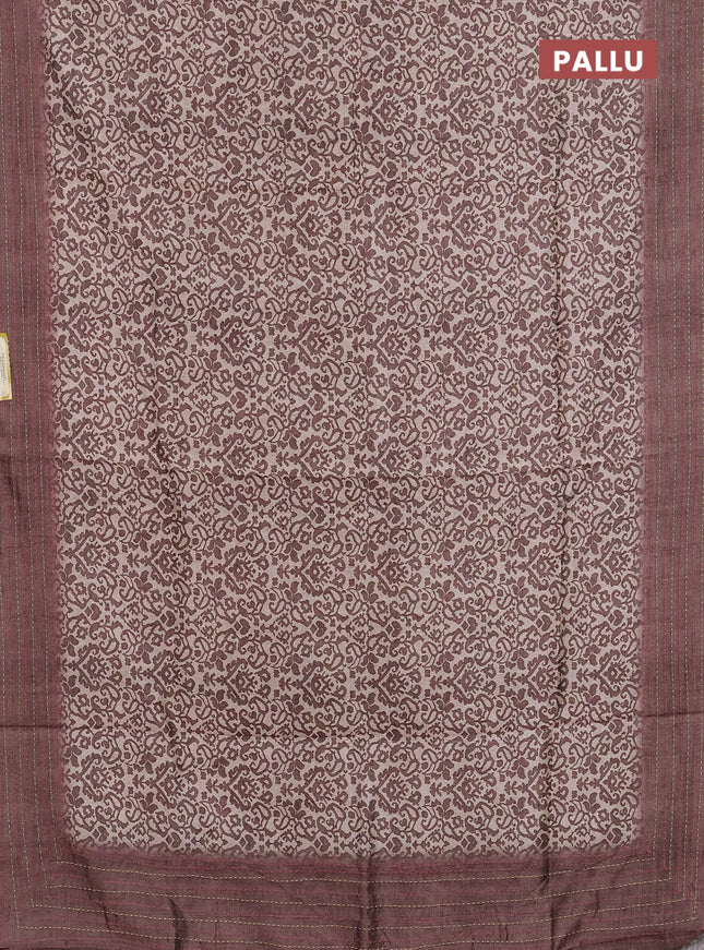 Semi tussar saree beige and brown with allover prints and kantha stitch work border