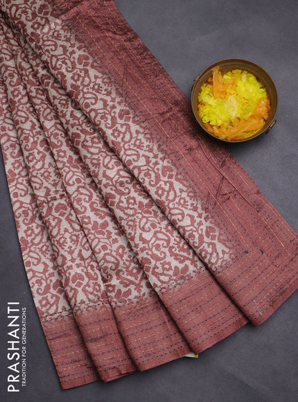 Semi tussar saree beige and brown shade with allover prints and kantha stitch work border