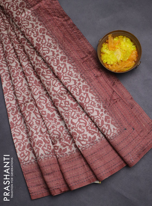 Semi tussar saree beige and brown shade with allover prints and kantha stitch work border
