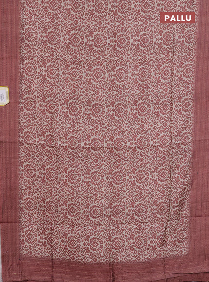 Semi tussar saree beige and brown shade with allover prints and kantha stitch work border