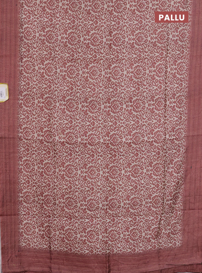 Semi tussar saree beige and brown shade with allover prints and kantha stitch work border