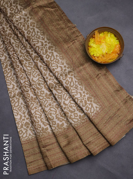 Semi tussar saree beige and olive green with allover prints and kantha stitch work border