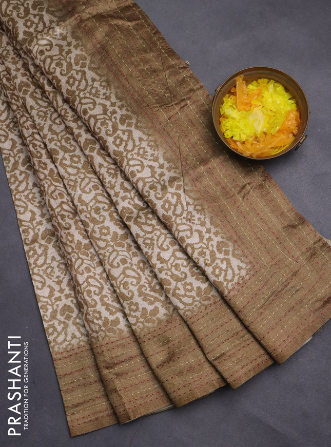 Semi tussar saree beige and olive green with allover prints and kantha stitch work border