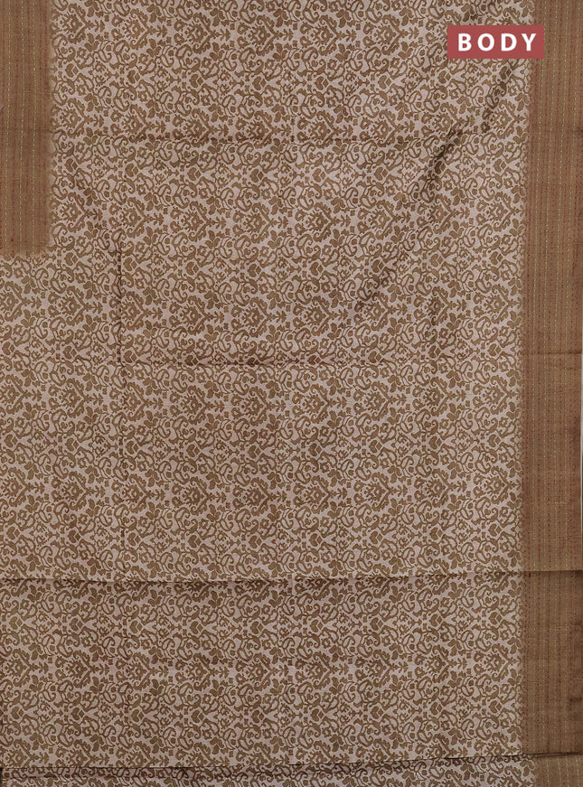 Semi tussar saree beige and olive green with allover prints and kantha stitch work border