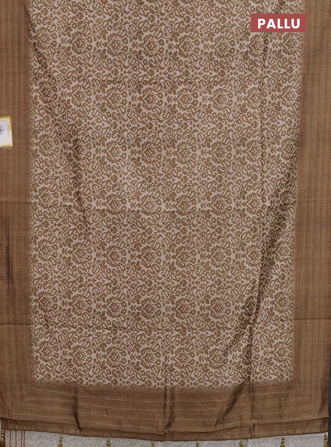 Semi tussar saree beige and olive green with allover prints and kantha stitch work border