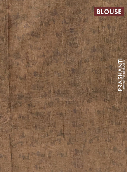 Semi tussar saree beige and olive green with allover prints and kantha stitch work border