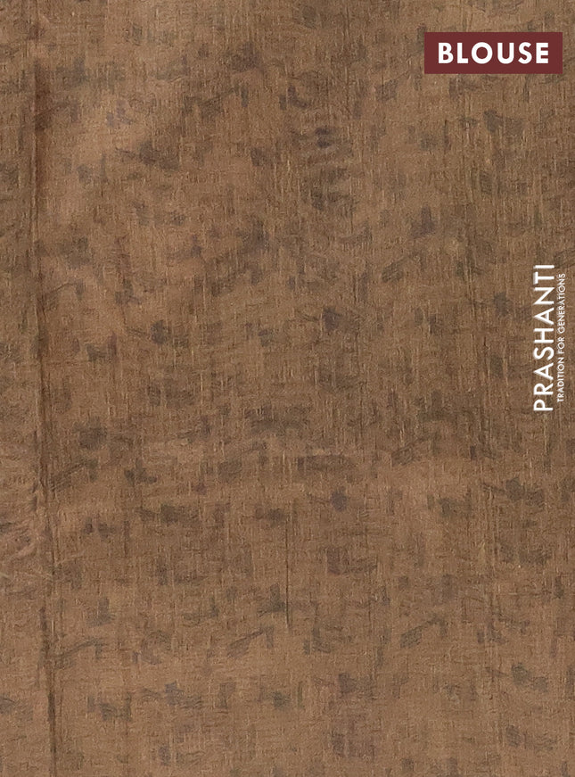 Semi tussar saree beige and olive green with allover prints and kantha stitch work border