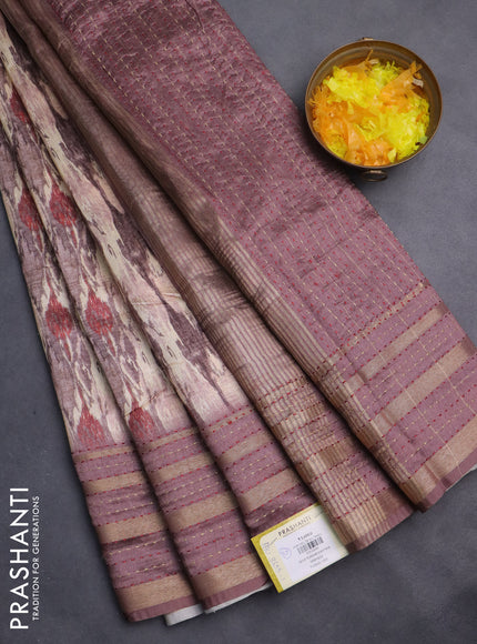Semi tussar saree beige and brown with allover prints and kantha stitch work border