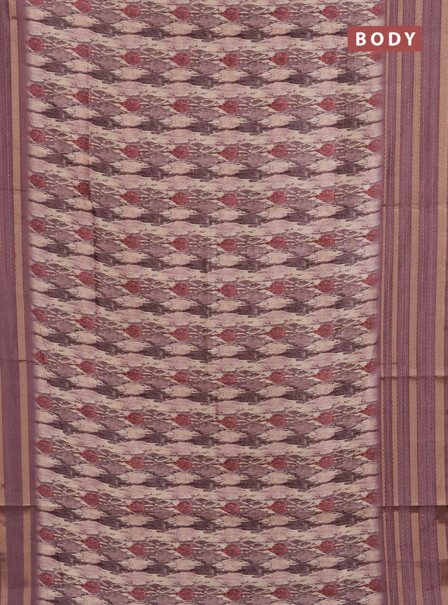 Semi tussar saree beige and brown with allover prints and kantha stitch work border