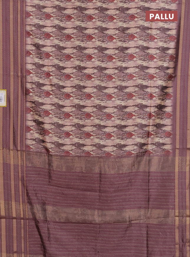 Semi tussar saree beige and brown with allover prints and kantha stitch work border