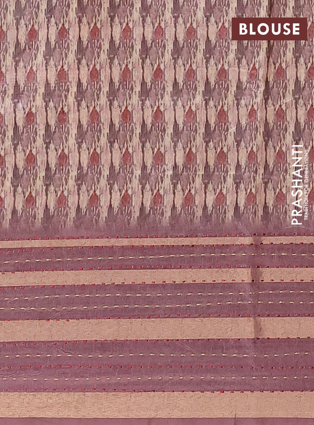 Semi tussar saree beige and brown with allover prints and kantha stitch work border