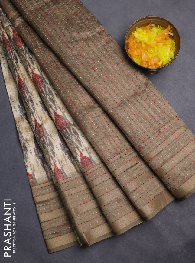 Semi tussar saree beige and brown with allover prints and kantha stitch work border