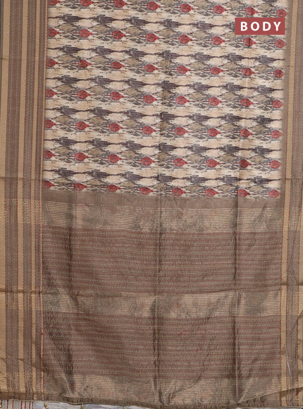 Semi tussar saree beige and brown with allover prints and kantha stitch work border