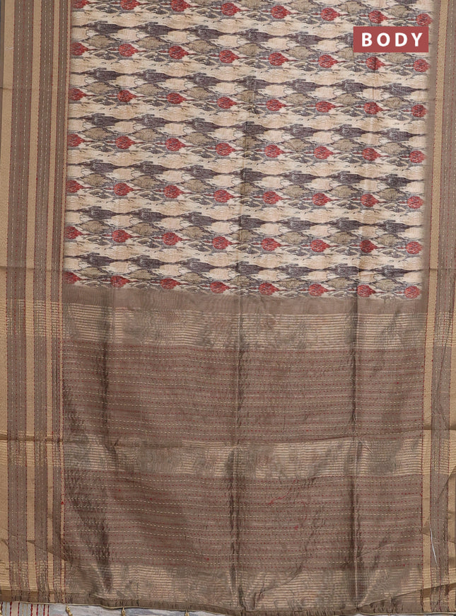 Semi tussar saree beige and brown with allover prints and kantha stitch work border