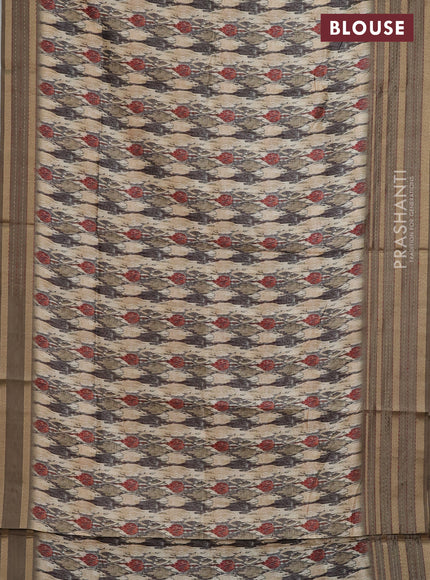 Semi tussar saree beige and brown with allover prints and kantha stitch work border