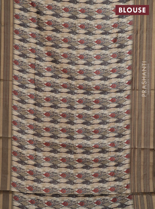 Semi tussar saree beige and brown with allover prints and kantha stitch work border