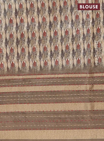 Semi tussar saree beige and brown with allover prints and kantha stitch work border
