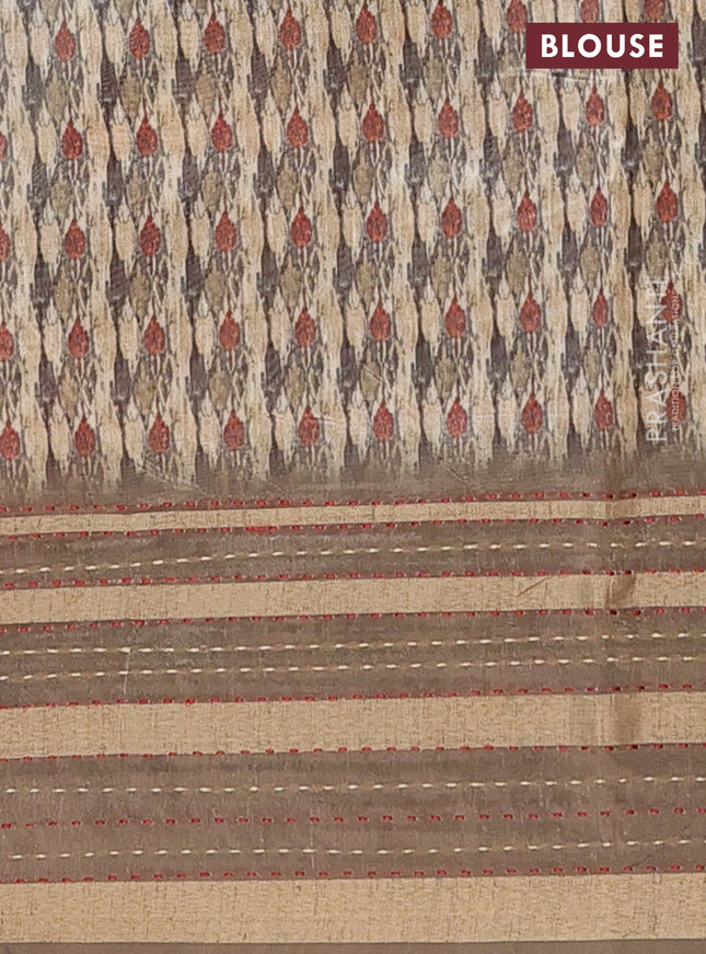 Semi tussar saree beige and brown with allover prints and kantha stitch work border