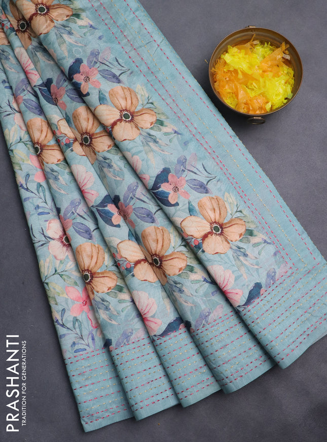 Semi tussar saree pastel blue with floral prints and kantha stitch work border