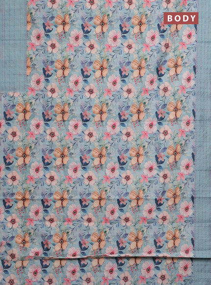 Semi tussar saree pastel blue with floral prints and kantha stitch work border