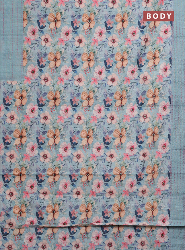Semi tussar saree pastel blue with floral prints and kantha stitch work border