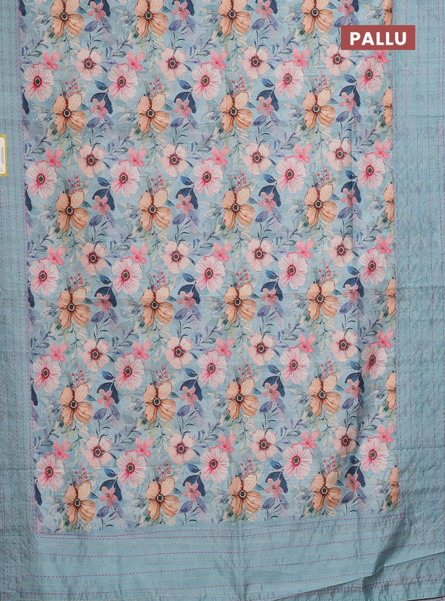 Semi tussar saree pastel blue with floral prints and kantha stitch work border