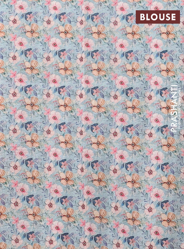 Semi tussar saree pastel blue with floral prints and kantha stitch work border