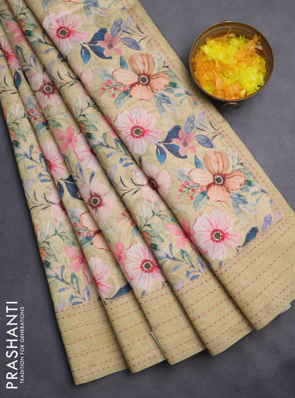 Semi tussar saree sandal with floral prints and kantha stitch work border