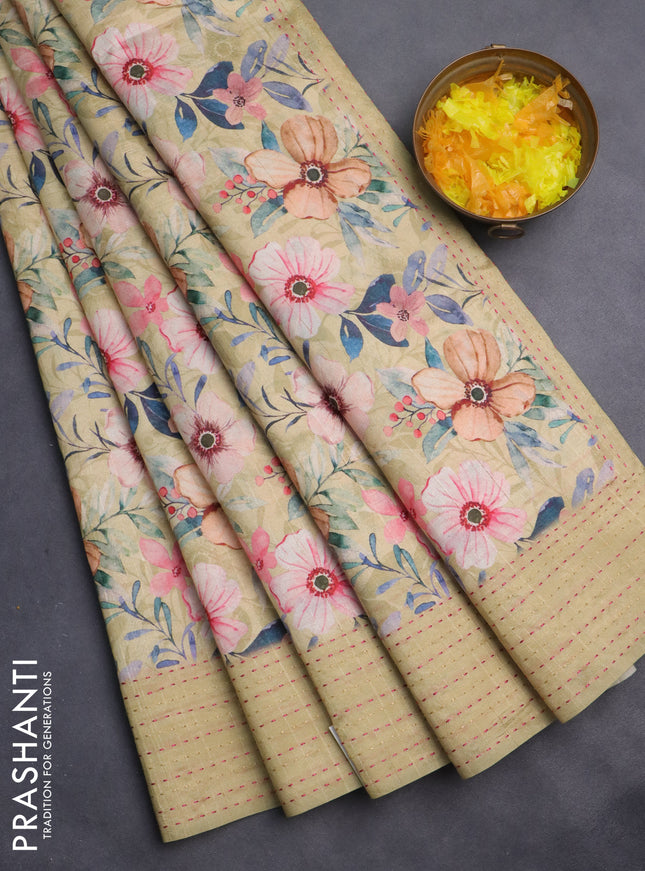 Semi tussar saree sandal with floral prints and kantha stitch work border